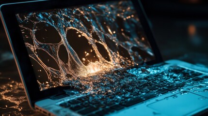 A laptop with a cracked screen and water dripping from it
