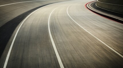 Poster - A cycling track's banked curve with smooth asphalt and lane markings, indoor velodrome setting, Sleek style