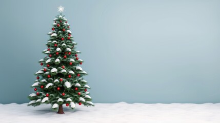 Wall Mural - a snowy christmas tree with red ornaments and a star on top stands against a blue background.