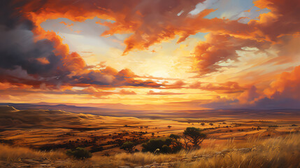 Wall Mural - Frontal view of a dramatic sunset above rolling hills, brilliant reds and golds streak the sky, soft light casting long shadows, painted in rich, textured oil