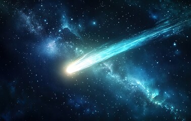 A bright comet with a long tail flying across the night sky