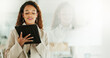 © peopleimages.com - Editing, space and tablet with business woman in glass office as artistic publication designer. Creative, development and reflection with African illustrator in workplace for online graphic design
