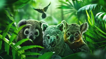 Wall Mural - Three adorable koalas peek out from lush greenery in a tropical rainforest setting, with a bird flying overhead.