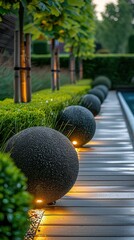 Wall Mural - A pathway lined with lit stone spheres leads to a pool. AI.