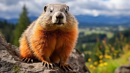 Canvas Print - A curious marmot looks directly at the camera, perched on a rock in a mountainous landscape.