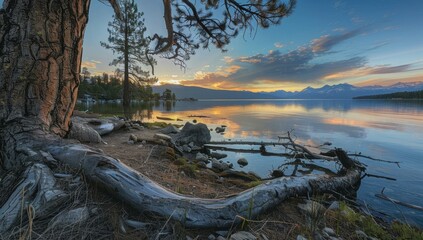 Wall Mural - A peaceful lakeside scene with a tree casting a shadow over the calm water. AI.