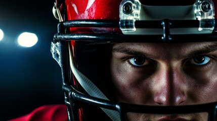 Aufkleber - A football quarterback's helmet with focused eyes, outdoor setting under stadium lights, Dramatic style