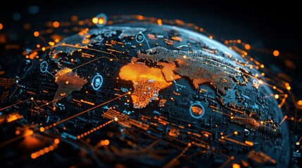 Fototapete - Visualizing global connectivity world digital map abstract aerial view digital connections