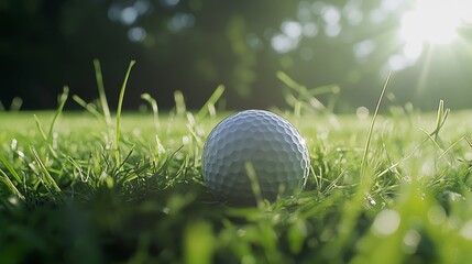 Poster - A golf ball on tee with grass blades, morning light, Elegant style