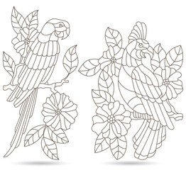 Wall Mural - Set of contour illustrations of stained glass Windows with parrots and flowers, dark outlines on a white background