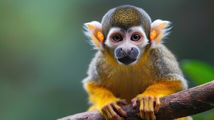 Sticker - A close-up portrait of a squirrel monkey with large brown eyes and a curious expression looking directly at the camera.