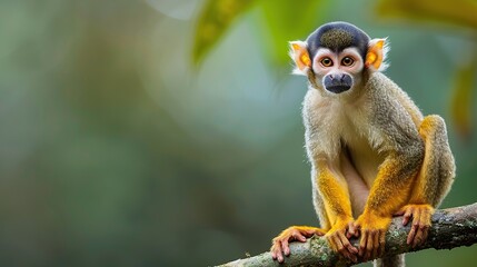 Wall Mural - A curious squirrel monkey with bright orange eyes sits on a branch in a lush green forest.