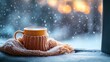 © M.Gierczyk - Knitted scarf and tea mug by snowy window with soft winter glow