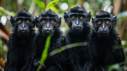 Sticker - Four black monkeys with yellow eyes staring directly at the camera.