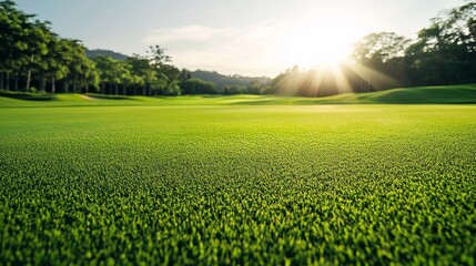 Poster - A golf course fairway with a focus on the neatly mowed grass, outdoor setting under soft sunlight, Elegant style