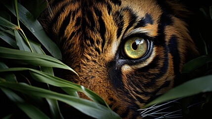 Poster - A close-up of a tiger's eye peering through green foliage.