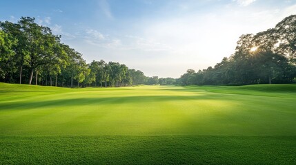 Aufkleber - A golf course fairway with manicured grass, outdoor setting with distant trees, Serene style