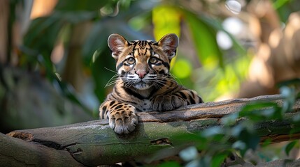 Wall Mural - A young ocelot sits on a tree branch, looking at the camera with its paws extended.