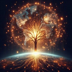 Wall Mural - A glowing tree with branches forming a world map, representing global unity