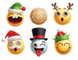 © AmazeinDesign - Christmas emoji characters vector set. Emoji christmas clip art character in goofy, happy, smiling, amaze, winking, naughty and funny facial expression for holiday season icon collection. Vector