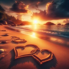 Wall Mural - A peaceful beach at sunset, with hearts made of sand and glowing light over Earth