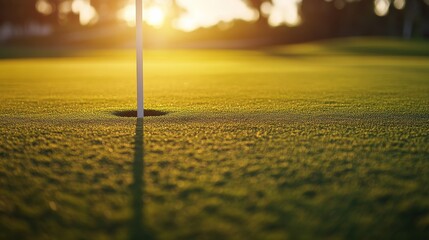 Aufkleber - A golf green with a detailed view of the grass around the flagstick and hole, outdoor setting during golden hour, Refined style