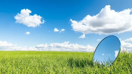 A serene landscape featuring a mirror reflecting clouds in a vibrant green field under a clear blue sky.