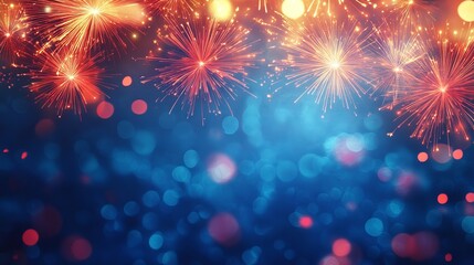 Wall Mural - festive new year background featuring vibrant colorful fireworks exploding against a rich blue sky, 