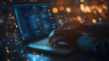 Programmer's Hands Code on Laptop at Night with Glowing Background