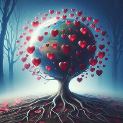 Wall Mural - A tree growing hearts instead of leaves, symbolizing global love and care