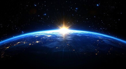 Wall Mural - cosmic horizon earth from space with glowing blue sunburst and infinite starry background