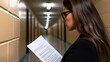 © Virtual Art Studio - Focused young woman reads document in well-lit corridor. dressed in black blazer with stylish glasses, she embodies professionalism and determination in modern setting.