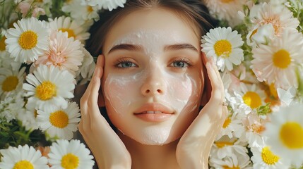 A beautiful young woman with fresh clean skin touching her face among flowers Facial treatment cosmetology beauty and spa for female care