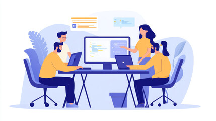 Wall Mural - it developers are working together on their computers to create new software. they are talking about