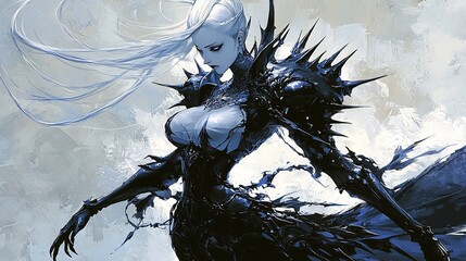 enigmatic female warrior, ethereal gothic female knight in striking black and blue fantasy armor
