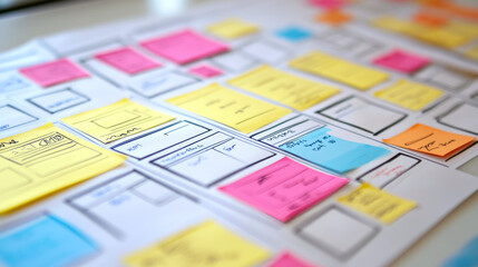 A team of designers is brainstorming ideas on sticky notes for a new mobile app. They're creating wireframes and planning the user interface, focusing on how people will use the app.