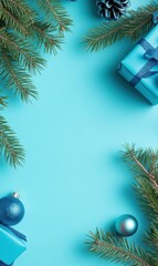 Wall Mural - Blue Christmas decorations on a blue background. AI.