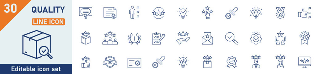 Quality line icon set. Set of 30 outline icons related to quality control, quality, badge, evaluate, bad quality, customer review, reward and others. Editable stroke. Vector illustration.