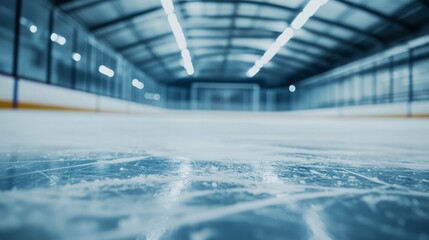 Aufkleber - A hockey rink with a detailed view of the ice surface's scratches and the goal line, indoor setting with strong overhead lighting, Industrial style