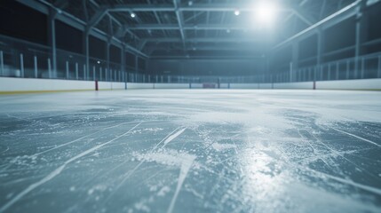 Aufkleber - A hockey rink with a detailed view of the ice surface's scratches and the goal line, indoor setting with strong overhead lighting, Industrial style