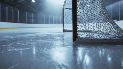 Poster - A hockey rink with the ice surface and goal net, indoor setting with cold lighting, Clean style