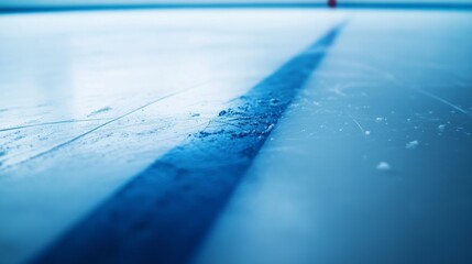 Poster - A hockey rink's blue line with the ice and painted line details, indoor setting with cold lighting, Crisp style