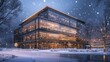 © Igor - A sleek, modern office building with floor-to-ceiling windows glowing warmly in a snowy urban landscape, with festive lights
