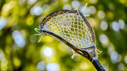 Poster - A lacrosse stick's head with netting and ball marks, outdoor setting on a bright sunny day, Sporty style