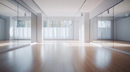 Poster - A modern dance studio with wooden floors and mirrored walls, well-lit with natural sunlight streaming in, Minimalist style