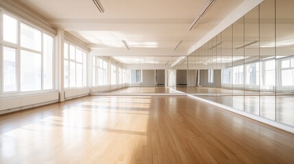 Poster - A modern dance studio with wooden floors and mirrored walls, well-lit with natural sunlight streaming in, Minimalist style