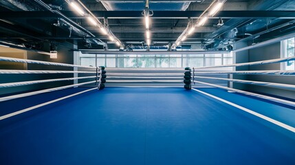 Poster - A modern indoor boxing ring with a clean blue canvas, white ropes, and bright overhead lighting
