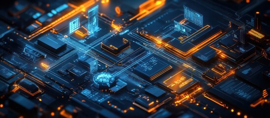 Wall Mural - abstract digital circuit board with glowing orange and blue lines.
