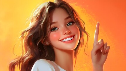 Wall Mural - Dreamy beautiful girl smiling, pointing fingers upper left corner and looking pleased at logo