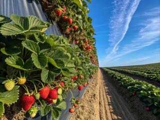 Poster - Aerial View of Lush Organic Strawberry Fields with Freshly Harvested Red Berries, Green Leaves, and Natural Soil, Showcasing the Beauty of Agriculture and Healthy Eating